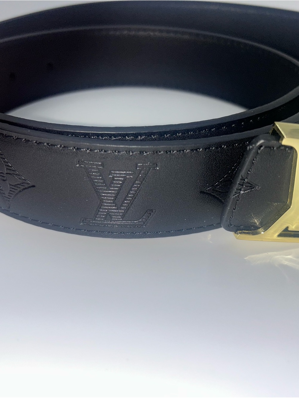 Louis Vuitton Black Embossed Leather Men’s Belt with Gold Buckle